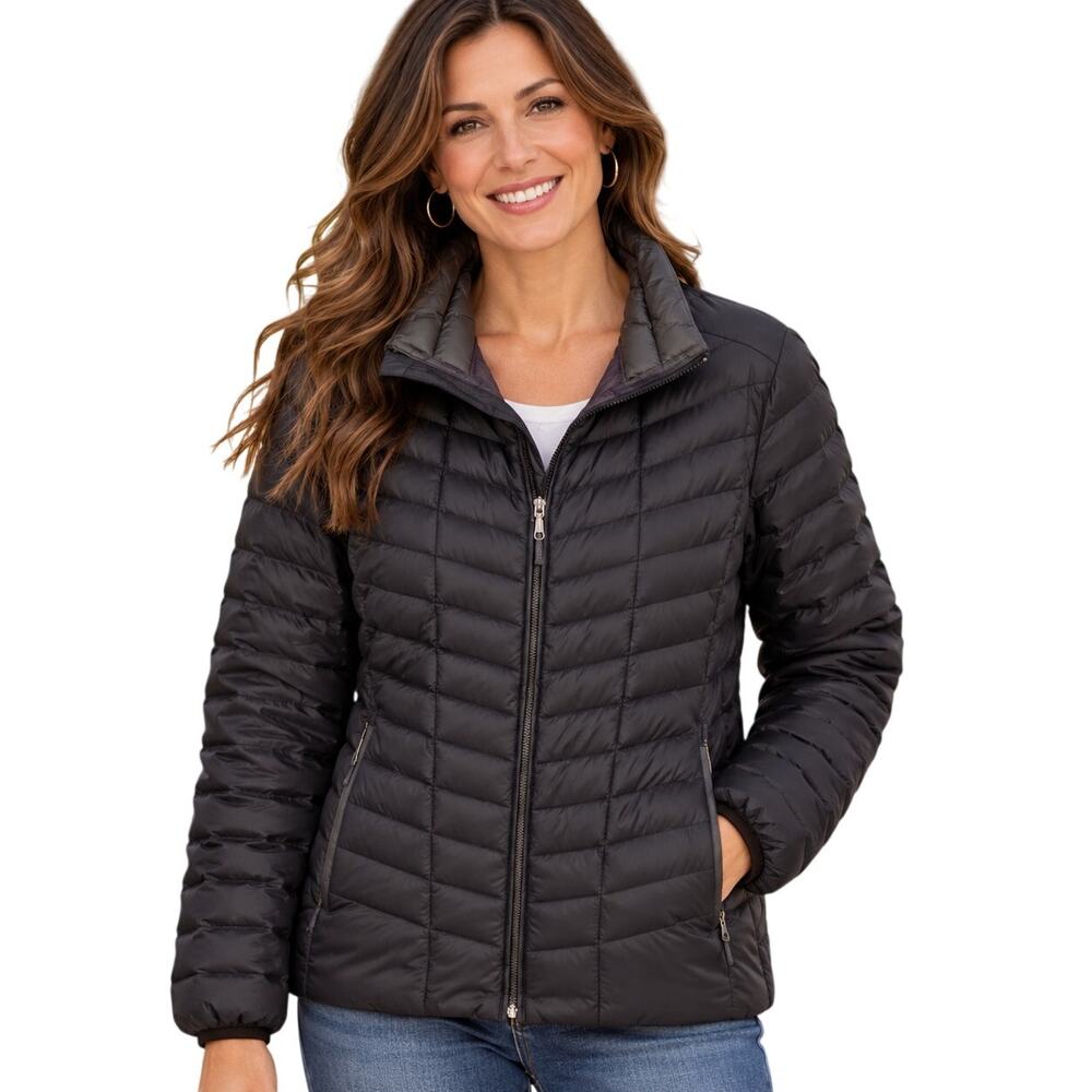 Lands' End Packable Down Jacket Womens Large Black Quilted Ski Winter Coat
